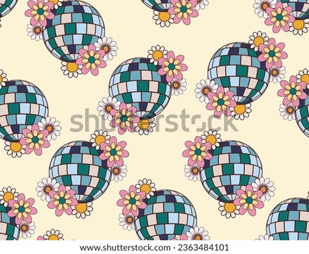 Seamless vector pattern with 70s disco ball retro party wallpaper. Decorative 70s fashion textile. Design for fashion , fabric, textile, wallpaper , wrapping and all prints 