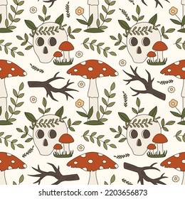 Seamless vector pattern with 70s psychedelic mystery forest objects. Background with woodland elements of skull, mushrooms and leaves. Cartoon witchcraft texture. Vintage boho illustration