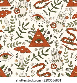 Seamless vector pattern with 70s psychedelic mystery forest objects. Background with hippy elements of snake, skull, eye, mushrooms. Cartoon witchcraft texture. Vintage boho illustration