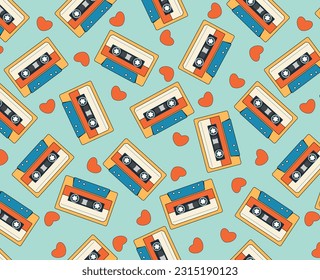 Seamless vector pattern with 90s audio cassettes. Retro audio cassette and hearts. Hand drawn vector cartoon in simple style. Green background.