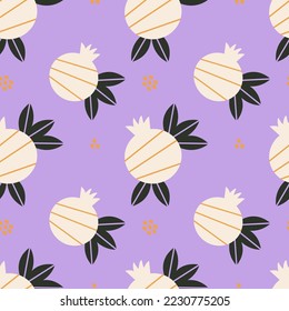 Seamless vector pattern with abcstract white pomegranates on lavender backgorund. Modern concept for fabric and paper, surface textures.