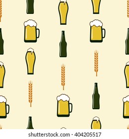 seamless vector pattern about beer, with ears of wheat, bottles, mugs, glasses of beer, on a beige background