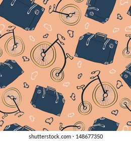 Seamless vector pattern about bicycles and suitcase. Can be used for wallpaper, pattern fills, web page background, surface textures, fabric design