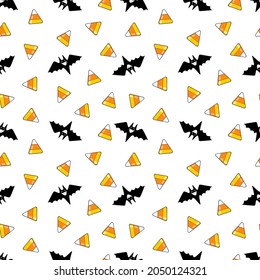 Seamless vector pattern about Halloween. Background with bats and sweets. Digital ornament for decoration, design, wrapping paper, fabrics and more.