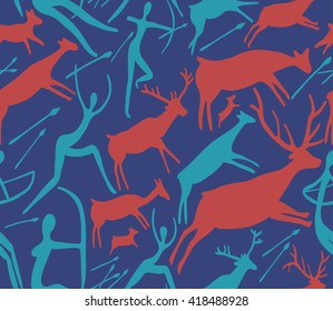 Seamless vector pattern about hunting with primitive figures. People, deers, cows, arrows.
