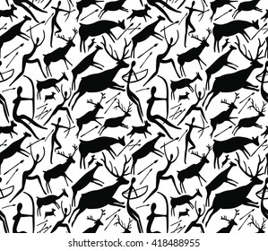 Seamless vector pattern about hunting with primitive figures. People, deers, cows, arrows.