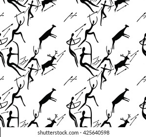 Seamless vector pattern about hunting with primitive figures. People, deers, cows, arrows.