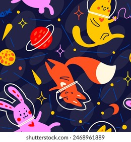 Seamless vector pattern about space. Cute astronauts fly among comets, planets, stars