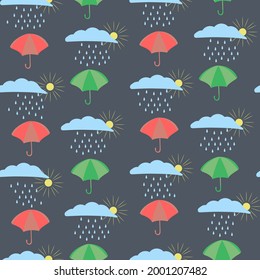Seamless vector pattern about the weather. For textiles, covers, packaging, underwear. Rain, sun, umbrellas, a cloud.
