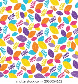 Seamless vector pattern abstract autumn leaves - blue red yellow orange. Repeating background. Use for fabric, wallpaper, wrapping, home decor