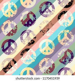Seamless vector pattern. Abstract background with Peace signs. The sign of pacifists. Grunge vintage effect.