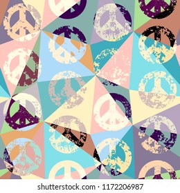 Seamless vector pattern. Abstract background with Peace signs. The sign of pacifists. Grunge vintage effect.