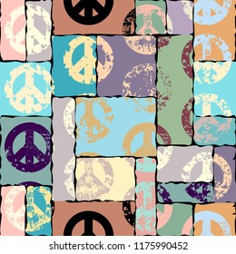Seamless vector pattern. Abstract background with Peace signs. The sign of pacifists. Grunge vintage effect.