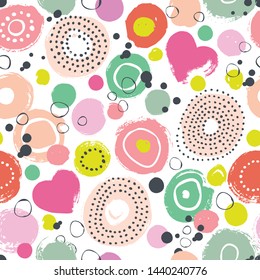 Seamless vector pattern. Abstract background with bright ornaments, hearts and flowers.