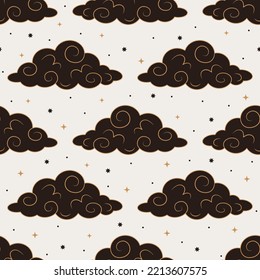 Seamless vector pattern with abstract black and gold clouds and stars elements. Bohemian background with celestial symbols. Esoteric texture for textile, wallpaper, wrapping paper design