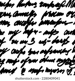 Seamless vector pattern with abstract black handwritten text . Handwritten abstract text wallpaper.  Full vector illegible, unreadable love themed letter, hand written writing in cursive pen.