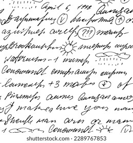 Seamless vector pattern with abstract black handwritten text on white background. Full vector illegible, unreadable  themed letter  handwritten  in cursive pen with  illustration sun,  raine.