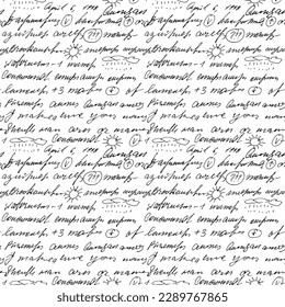 Seamless vector pattern with abstract black handwritten text on white background. Full vector illegible, unreadable  themed letter  handwritten  in cursive pen with  illustration sun,  raine.