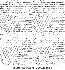 Seamless vector pattern with abstract black handwritten text . Handwritten abstract text wallpaper.  Full vector illegible, unreadable love themed letter, hand written writing in cursive pen.