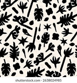 Seamless vector pattern with abstract black tropical leaves, flowers, and organic shapes on a light background. Bold hand-drawn style, perfect for fabric, packaging, wallpapers, and branding design.