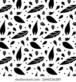 Seamless vector pattern. Abstract black and white background. Silhouette of black leaves on white background. Suitable for textile and printing.