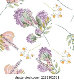 Seamless vector pattern with abstract blossom tree with delicate pink flowers and purple, watercolor illustration isolated on white background, floral print for fabric, wallpapers or wrapping paper.