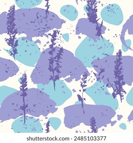 
Seamless vector pattern with abstract blue and purple spots, small splashes, dots and dark purple sage inflorescences. Delicate pattern with silhouettes of sage stems.