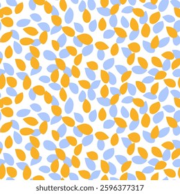 Seamless vector pattern with abstract blue and yellow petal like shapes on a white background. Modern and dynamic, simple ornament print for textiles, wallpapers, wrapping, fashion prints, 