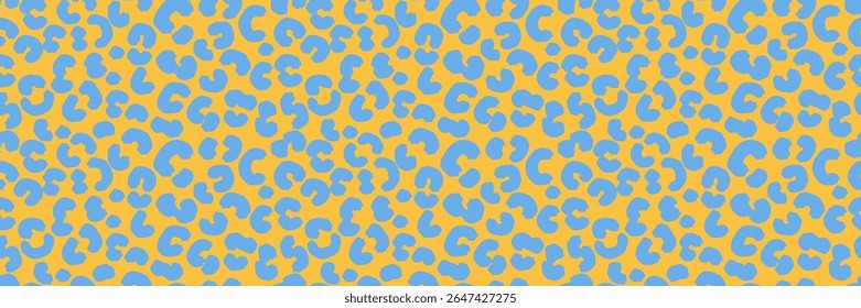 Seamless vector pattern with abstract blue leopard spots on a vivid yellow background. Bold and playful animal print design for fashion, kids wear, textiles