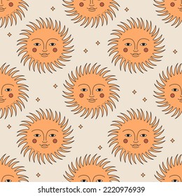 Seamless vector pattern with abstract bohemian sun with face. Background with 70s and 80s nature element in groovy style. Cartoon summer texture in seventies style