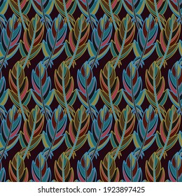 Seamless vector pattern with abstract botanical feather forms in dark tones. Can be used for textile, stationary, fashion, wrapping paper, backgrounds and wallpaper. 