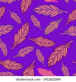 Seamless vector pattern with abstract botanical feather forms in purple tones. Can be used for textile, stationary, fashion, wrapping paper, backgrounds and wallpaper. 