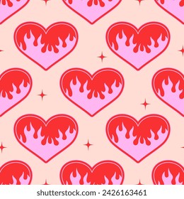 Seamless vector pattern with abstract burning heart stickers in 2000s style. Symbol of love in flame. Y2k background. Cute texture for wrapping paper, wallpaper, textile design