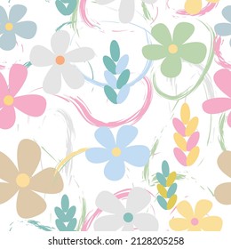 Seamless vector pattern of abstract colorful garden flower, plants, botanical design for fashion, fabric, wallpaper and all prints on white background.