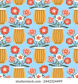 Seamless vector pattern with abstract colorful flowers in a vase. Hand drawn bouquet in flat style with line details on blue background. Wallpaper, wrapping paper, textile design