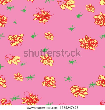 Seamless vector pattern with abstract colorful flowers on a pink background. Free hand-drawn flowers children's style. Good web page, blog background, wallpaper, fabric, textile, and tile print.