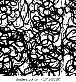 Seamless vector pattern with abstract curls. Swirled brush strokes.  Black ink freehand scribbles, abstract background. Brushstrokes, smears, lines, squiggle pattern. 