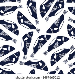 Seamless vector pattern. Abstract dark blue fishes. Scandinavisn style. Print for packaging fish, seafood restaurants, banners, labels, textiles for the kitchen