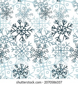 Seamless vector pattern abstract design of lined silhouette ornamental snowflakes in pastel blue colors. The design is perfect for textiles, backgrounds, decorations, wrapping paper, advertisements