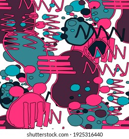 Seamless vector pattern with abstract doodles. Bright spring or summer print. Trendy colorful background. Geometric doodle. 