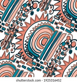 Seamless vector pattern with abstract doodles. Bright spring or summer print. Trendy colorful background. Geometric doodle. 