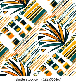 Seamless vector pattern with abstract doodles. Bright spring or summer print. Trendy colorful background. Geometric doodle. 