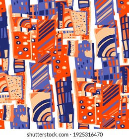 Seamless vector pattern with abstract doodles. Bright spring or summer print. Trendy colorful background. Geometric doodle. 