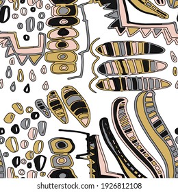 Seamless vector pattern with abstract doodles. Bright spring or summer print. Trendy colorful background. Geometric doodle. 