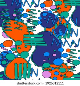 Seamless vector pattern with abstract doodles. Bright spring or summer print. Trendy colorful background. Geometric doodle. 