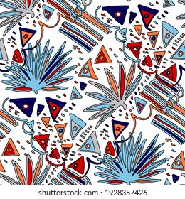 Seamless vector pattern with abstract doodles. Bright spring or summer print. Trendy colorful background. Geometric doodle. 