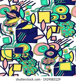 Seamless vector pattern with abstract doodles. Bright spring or summer print. Trendy colorful background. Geometric doodle. 
