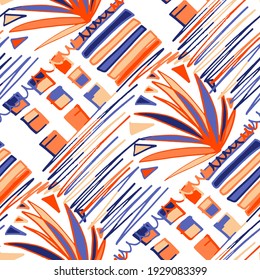 Seamless vector pattern with abstract doodles. Bright spring or summer print. Trendy colorful background. Geometric doodle. 