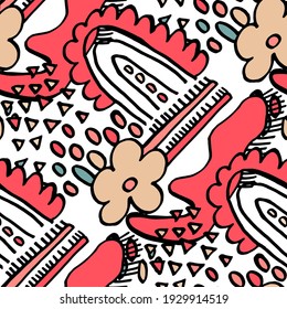 Seamless vector pattern with abstract doodles. Bright spring or summer print. Trendy colorful background. Geometric doodle. 