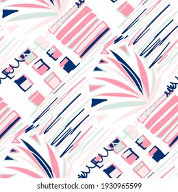 Seamless vector pattern with abstract doodles. Bright spring or summer print. Trendy colorful background. Geometric doodle. 